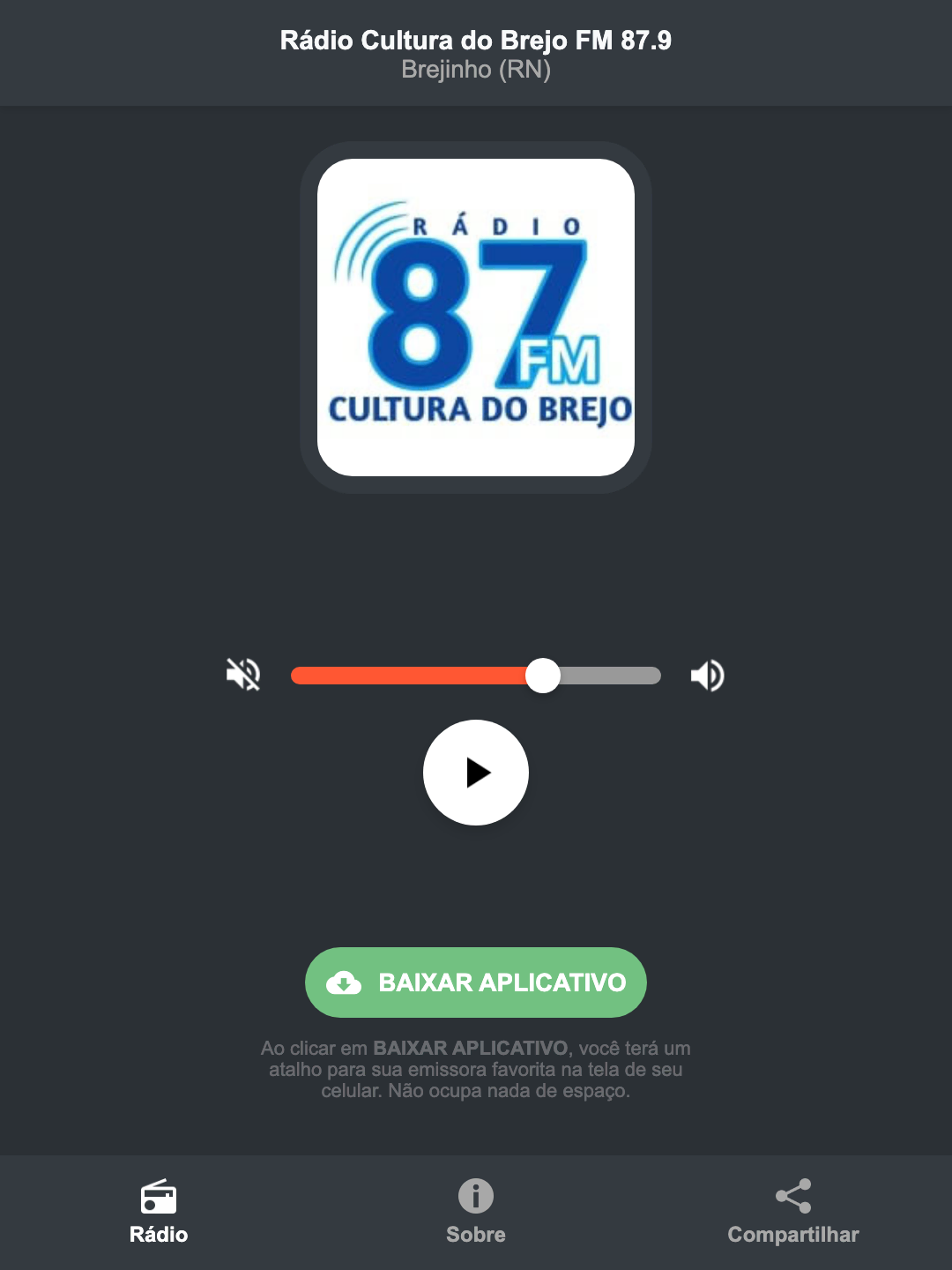 Screenshot do aplicativo da Rádio Cultura do Brejo FM 87.9