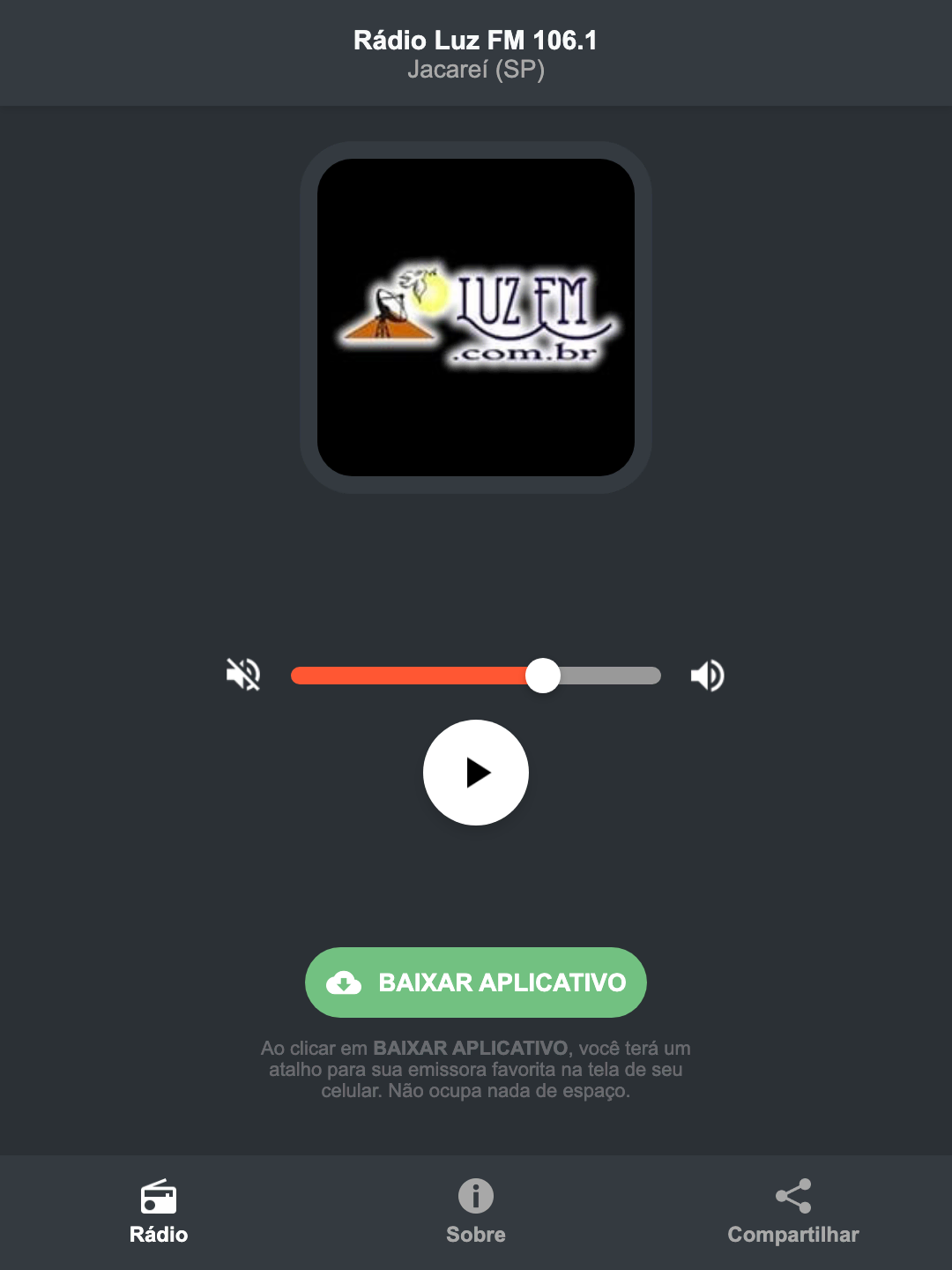 Screenshot do aplicativo da Rádio Luz FM 106.1
