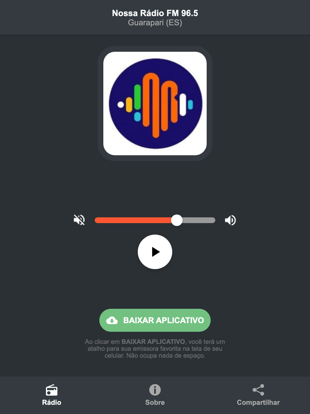 Screenshot do aplicativo da Nossa Rádio FM 96.5