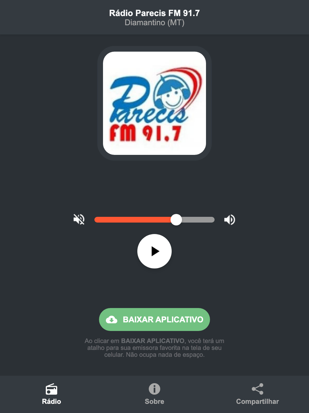 Screenshot do aplicativo da Rádio Parecis FM 91.7