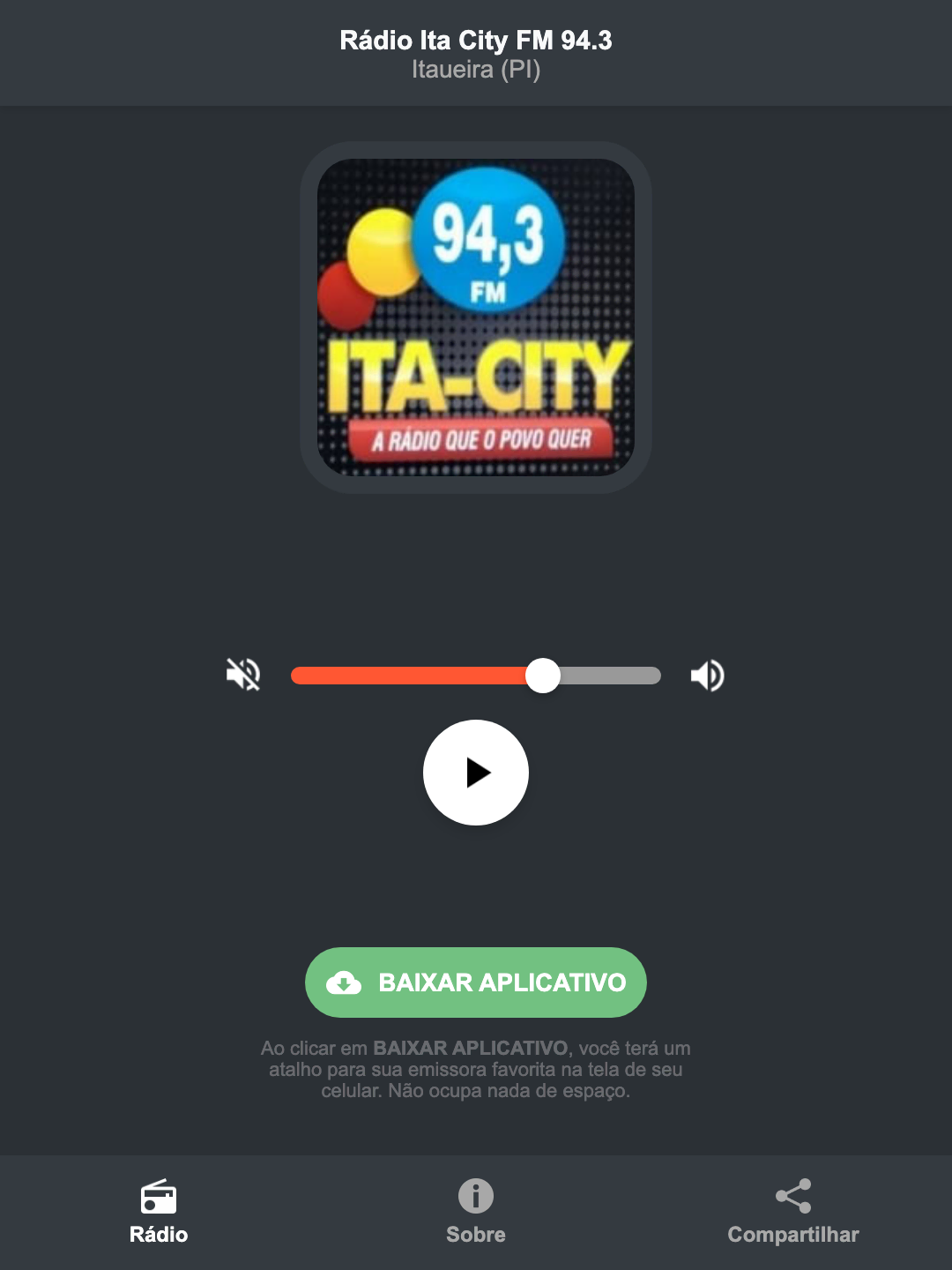 Screenshot do aplicativo da Rádio Ita City FM 94.3