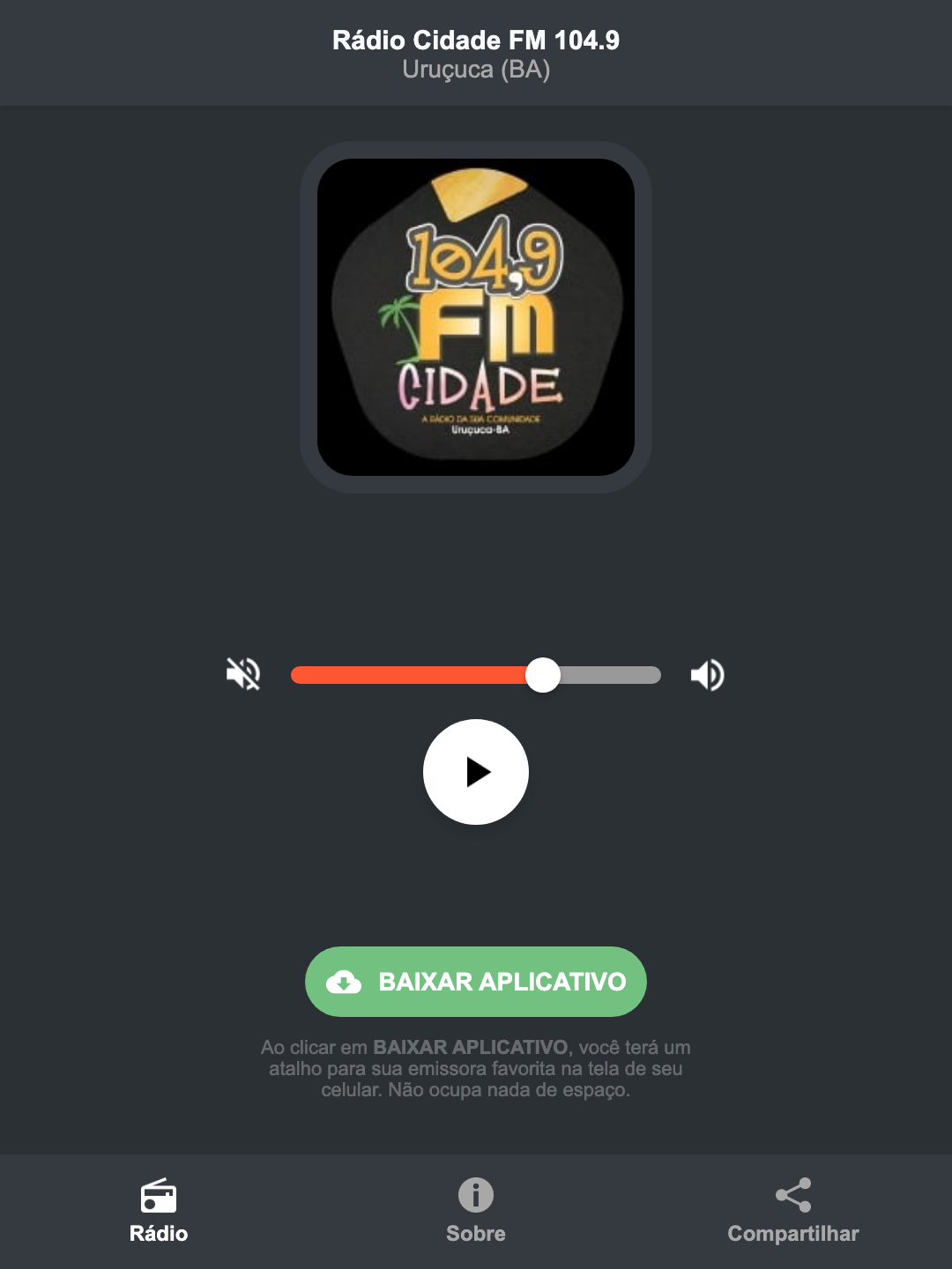 Screenshot do aplicativo da Rádio Cidade FM 104.9