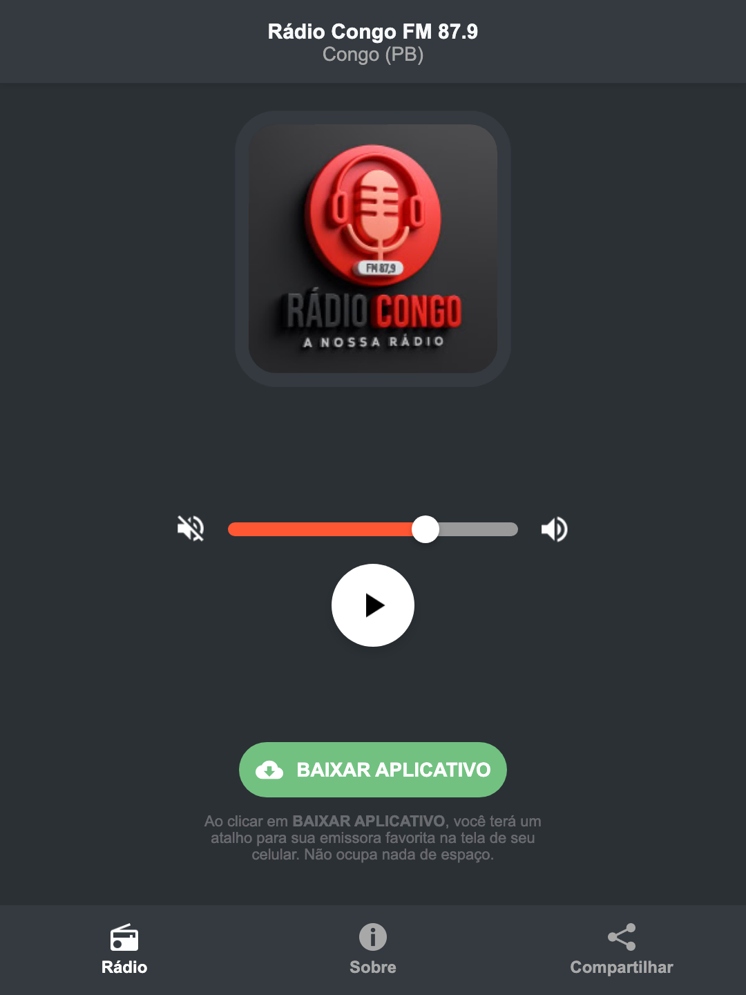 Screenshot do aplicativo da Rádio Congo FM 87.9