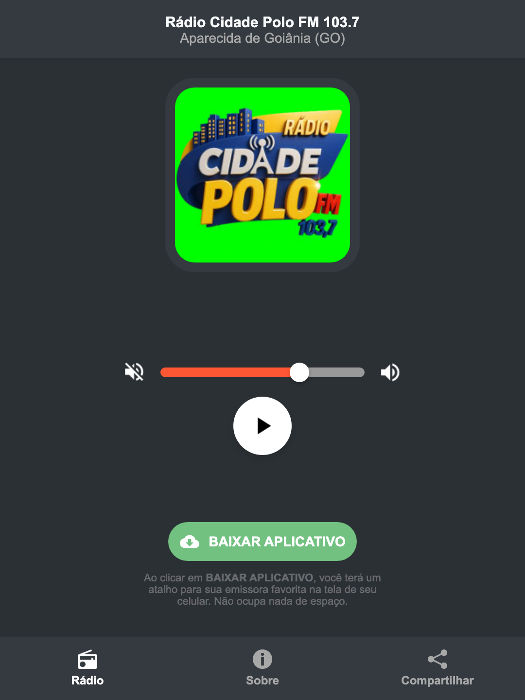 Screenshot do aplicativo da Rádio Cidade Polo FM 103.7