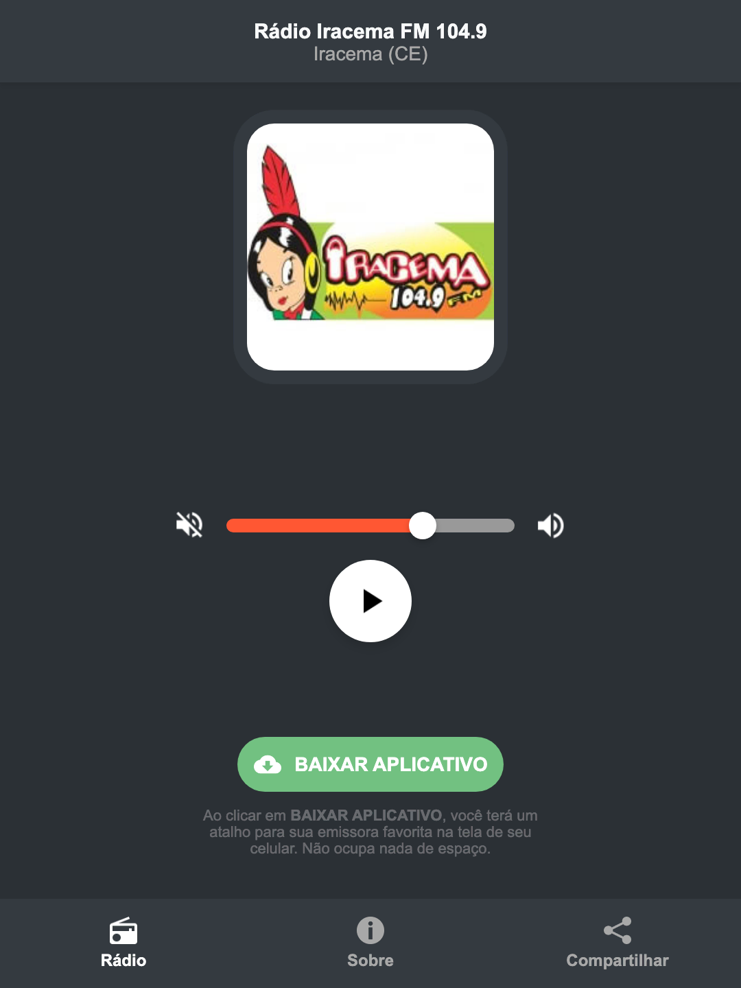 Screenshot do aplicativo da Rádio Iracema FM 104.9