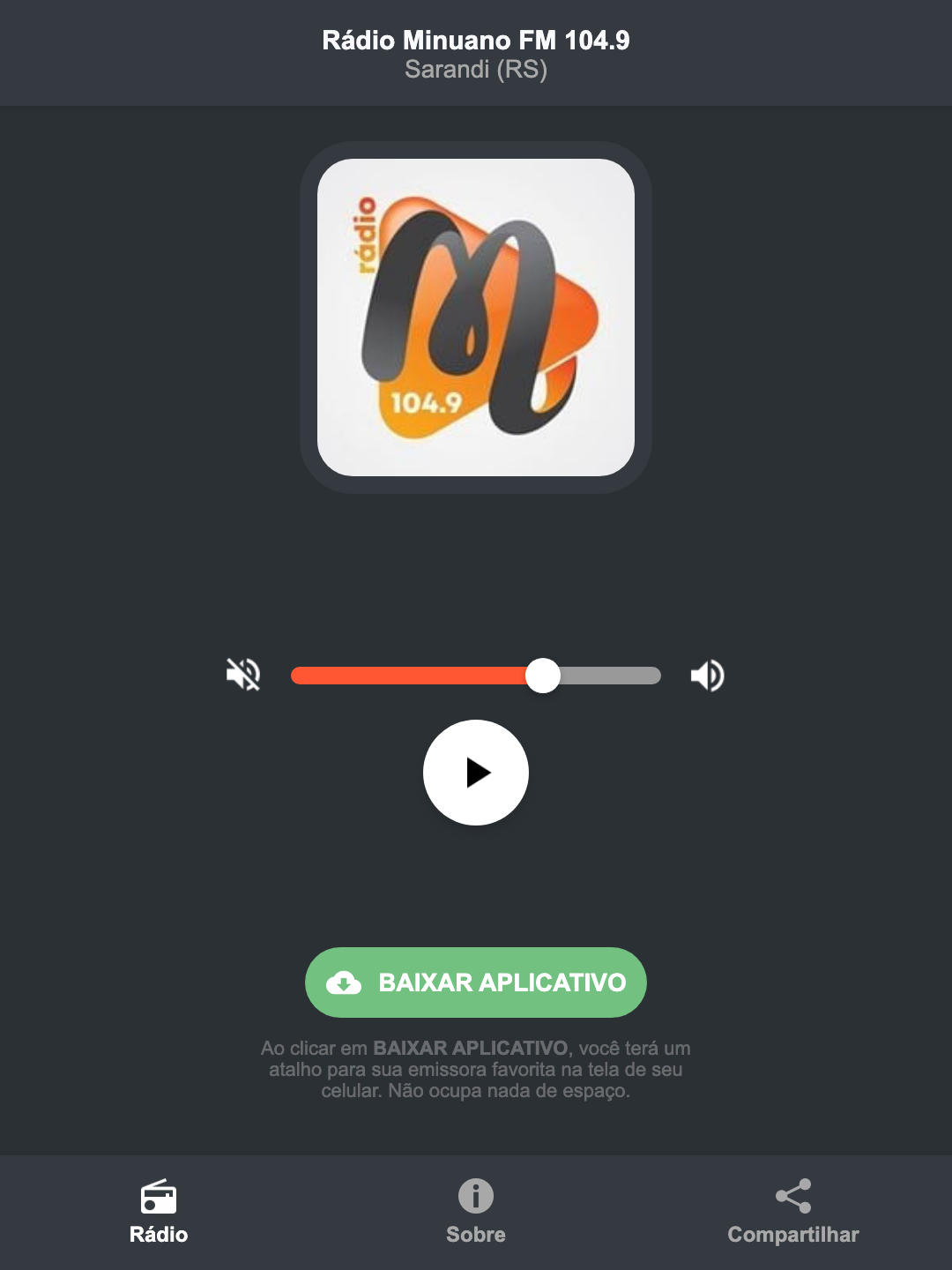 Screenshot do aplicativo da Rádio Minuano FM 104.9