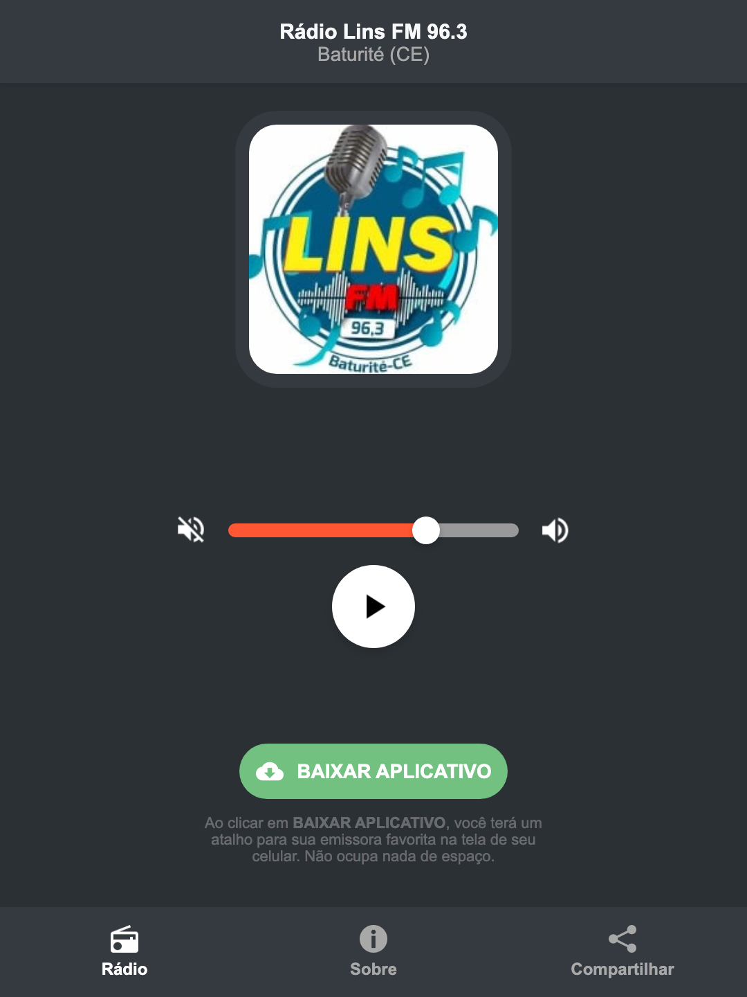 Screenshot do aplicativo da Rádio Lins FM 96.3