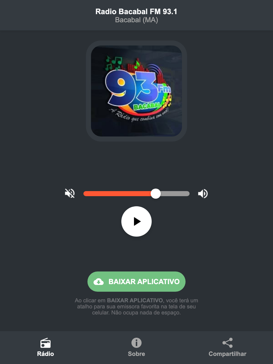 Screenshot do aplicativo da Radio Bacabal FM 93.1