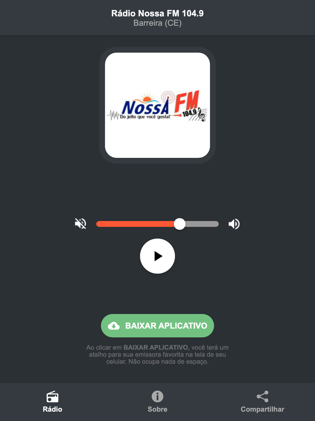 Screenshot do aplicativo da Rádio Nossa FM 104.9