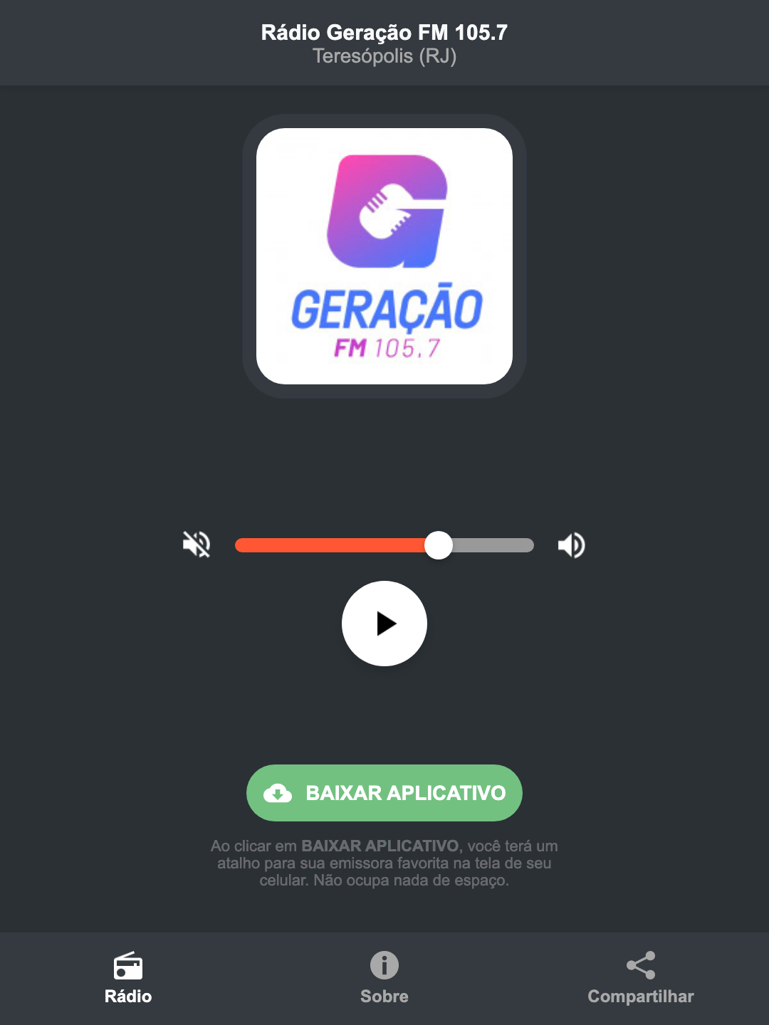 Screenshot do aplicativo da Rádio Geração FM 105.7