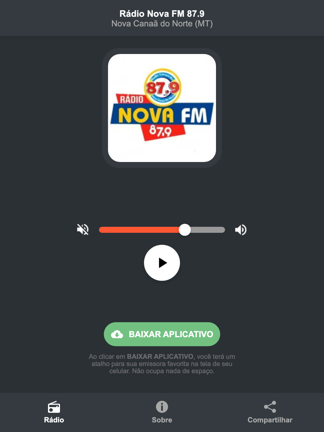 Screenshot do aplicativo da Rádio Nova FM 87.9