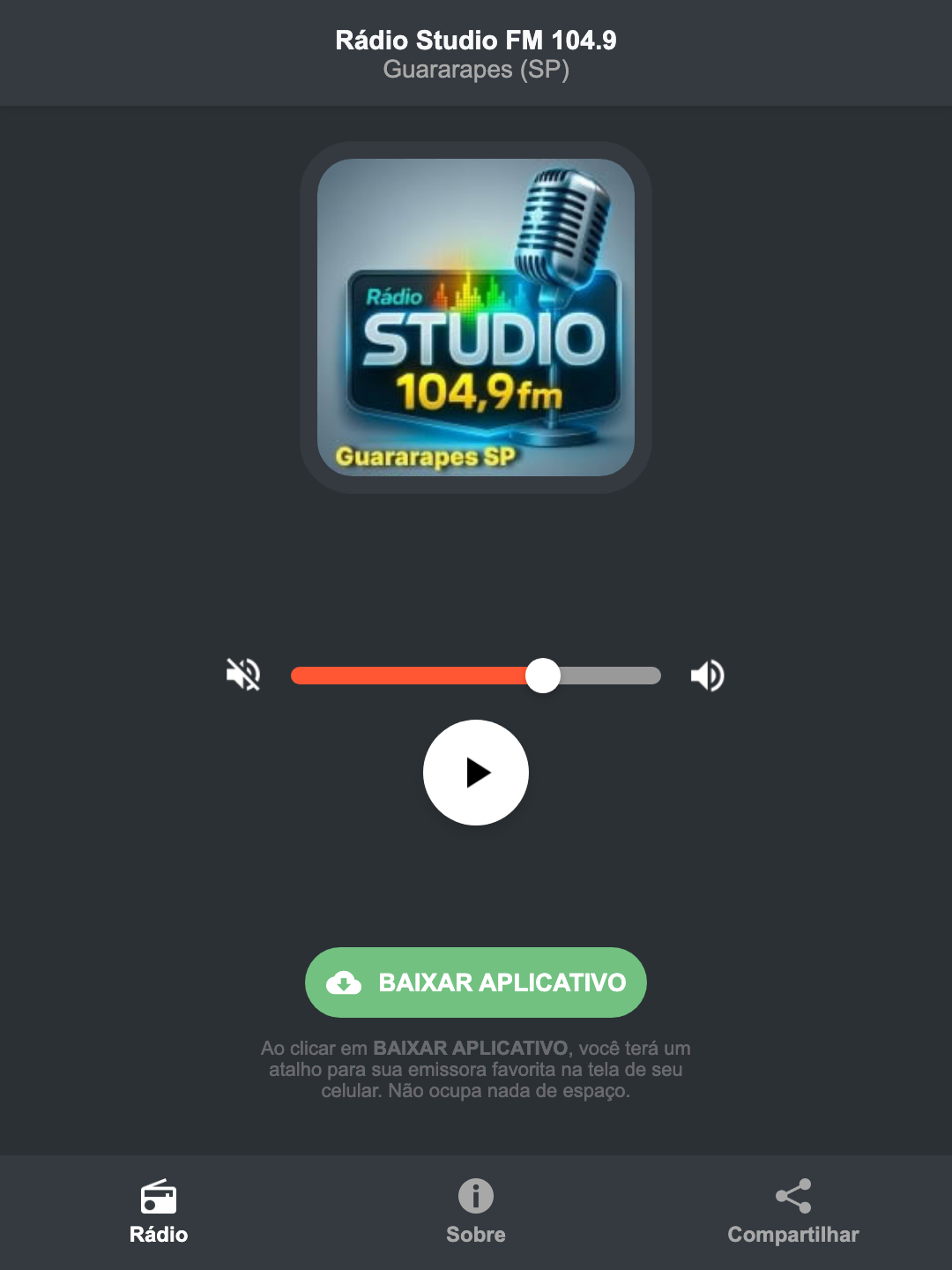 Screenshot do aplicativo da Rádio Studio FM 104.9