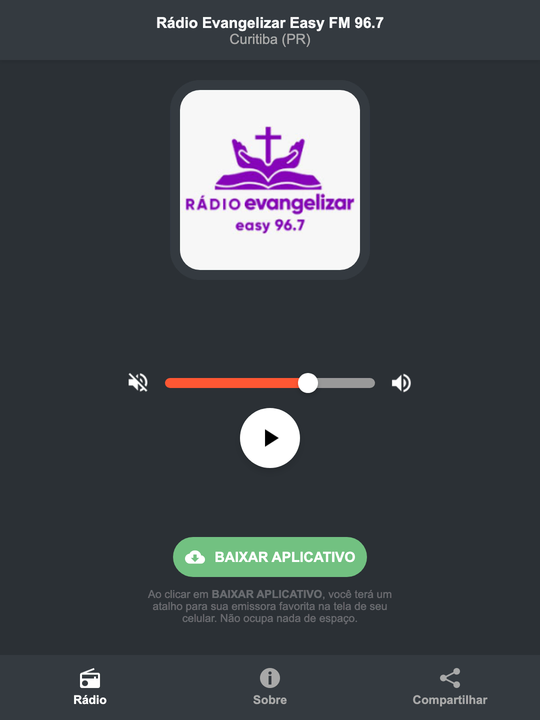 Screenshot do aplicativo da Rádio Evangelizar Easy FM 96.7