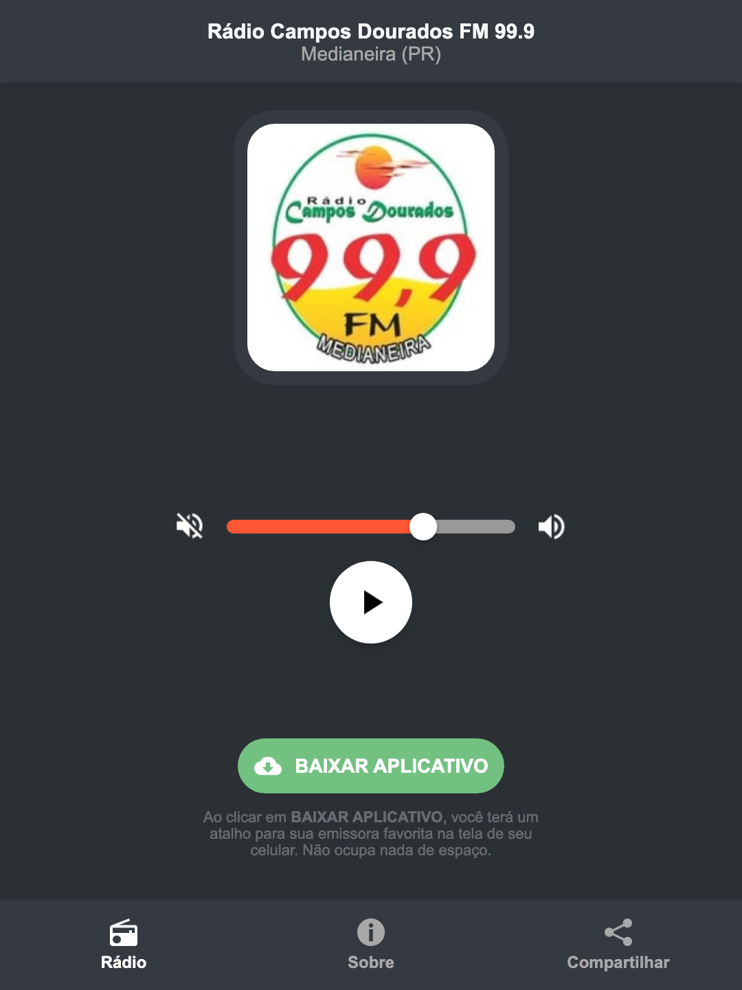 Screenshot do aplicativo da Rádio Campos Dourados FM 99.9
