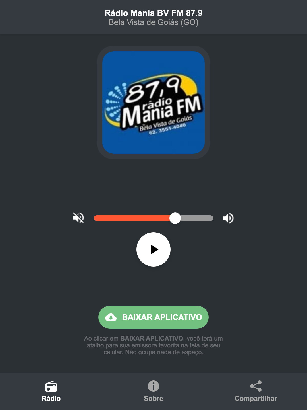 Screenshot do aplicativo da Rádio Mania BV FM 87.9