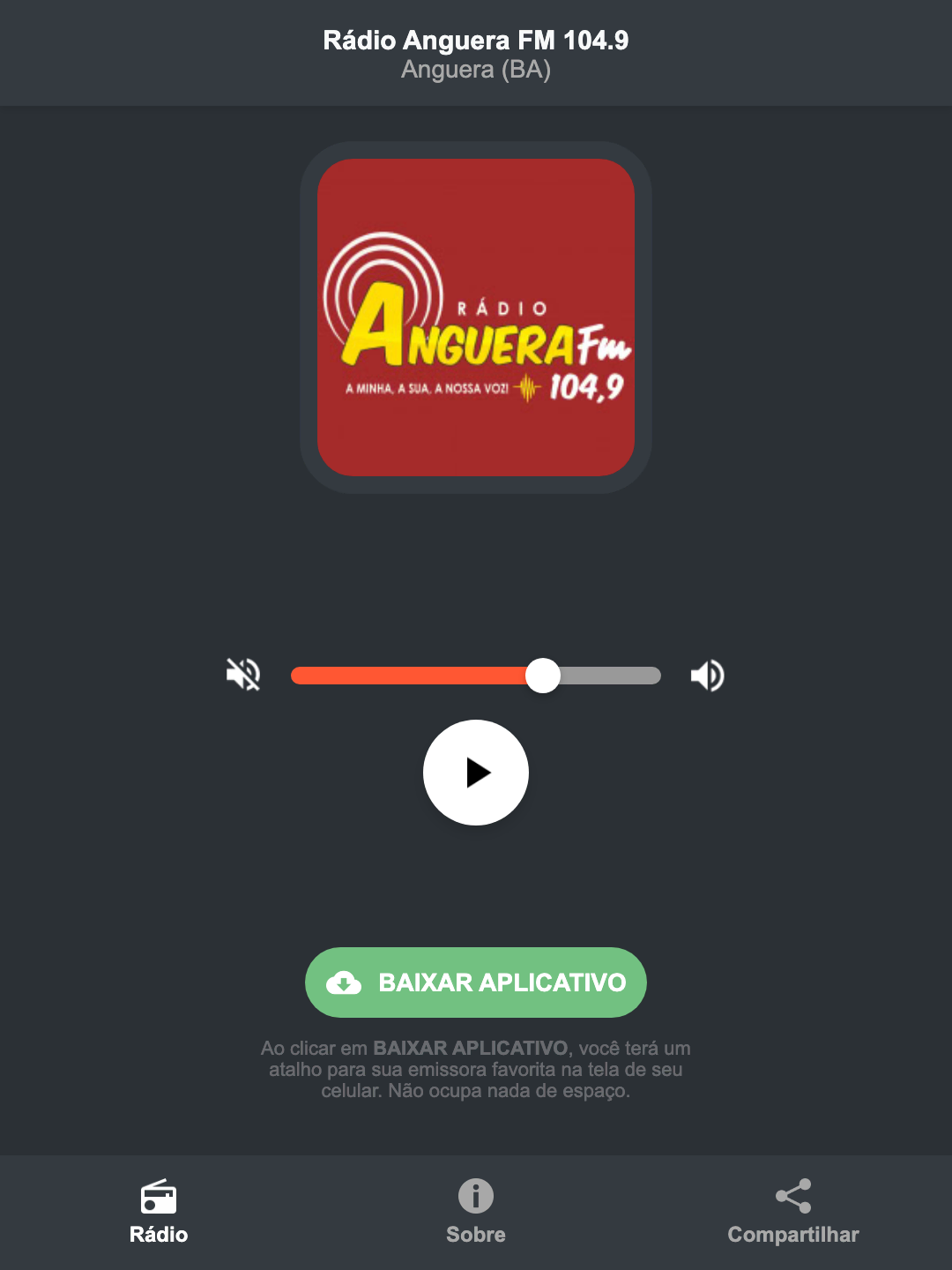Screenshot do aplicativo da Rádio Anguera FM 104.9