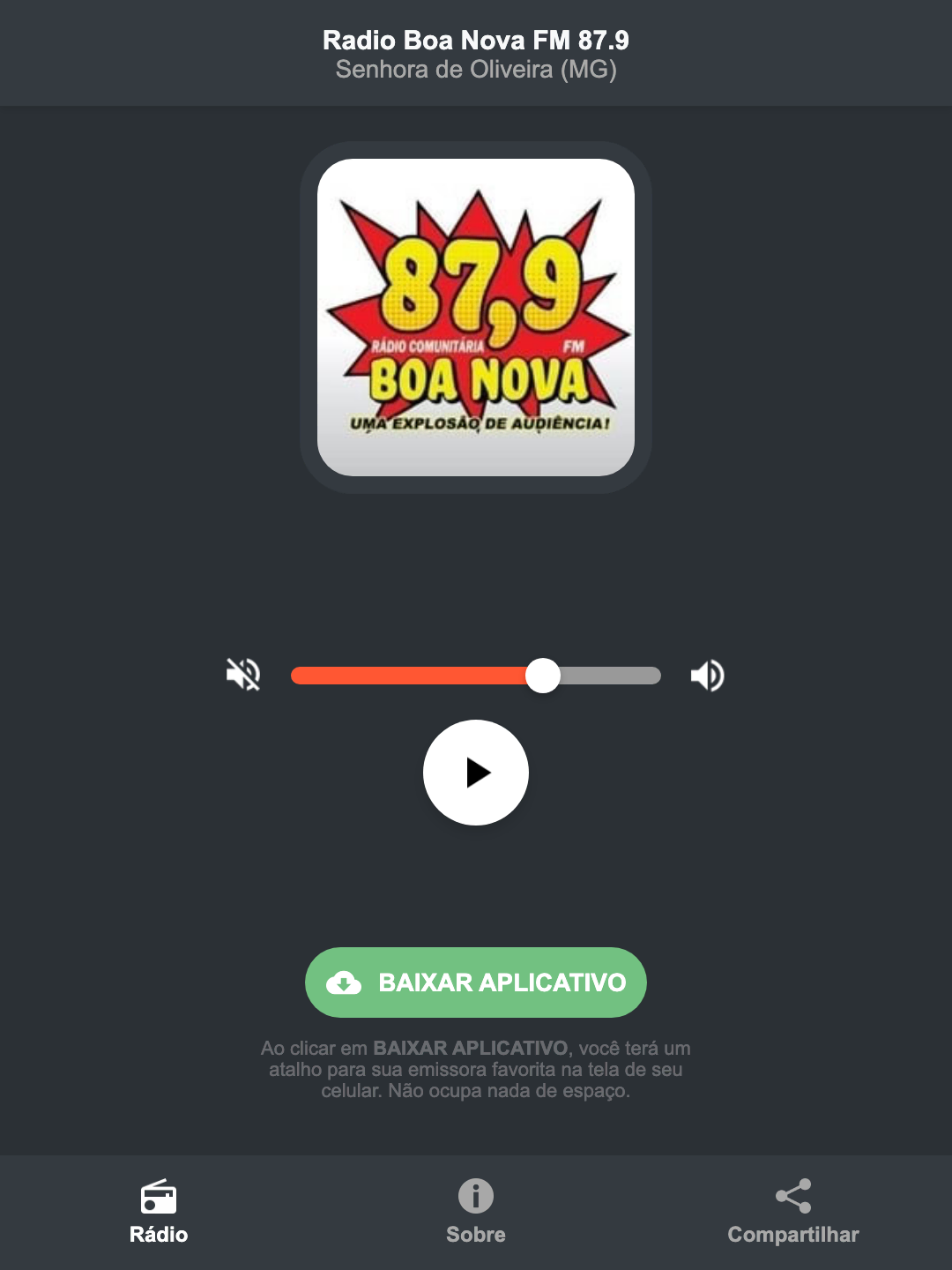Screenshot do aplicativo da Radio Boa Nova FM 87.9