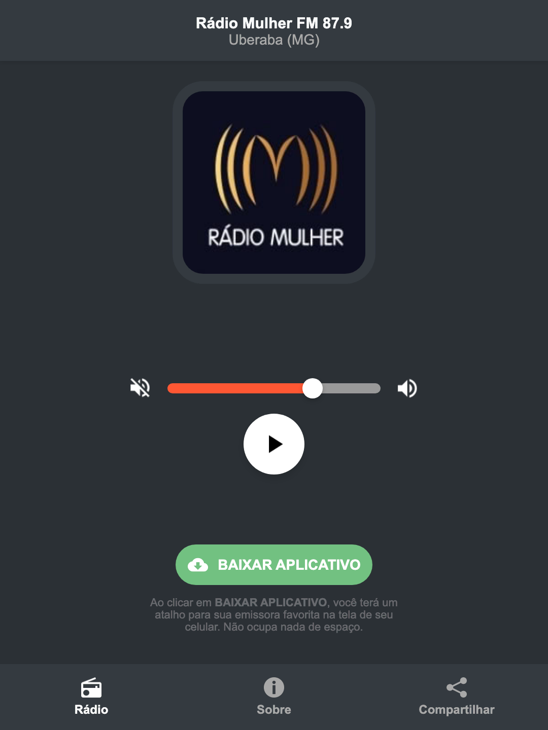 Screenshot do aplicativo da Rádio Mulher FM 87.9
