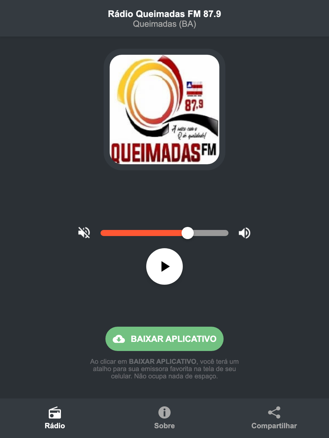 Screenshot do aplicativo da Rádio Queimadas FM 87.9