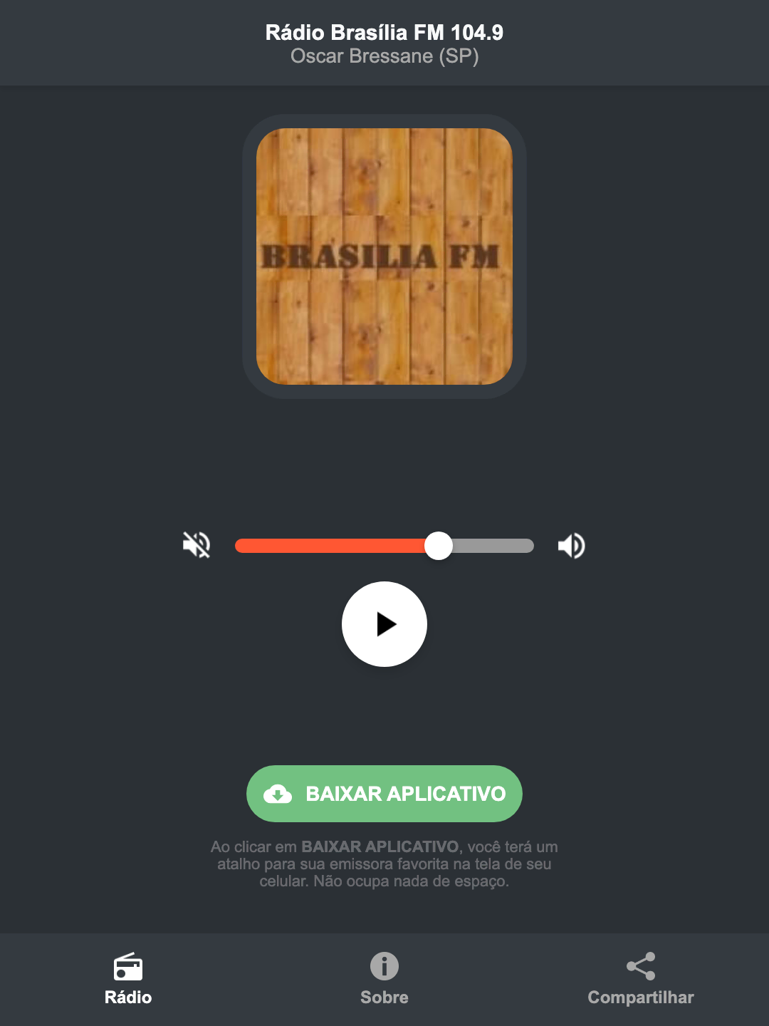 Screenshot do aplicativo da Rádio Brasília FM 104.9