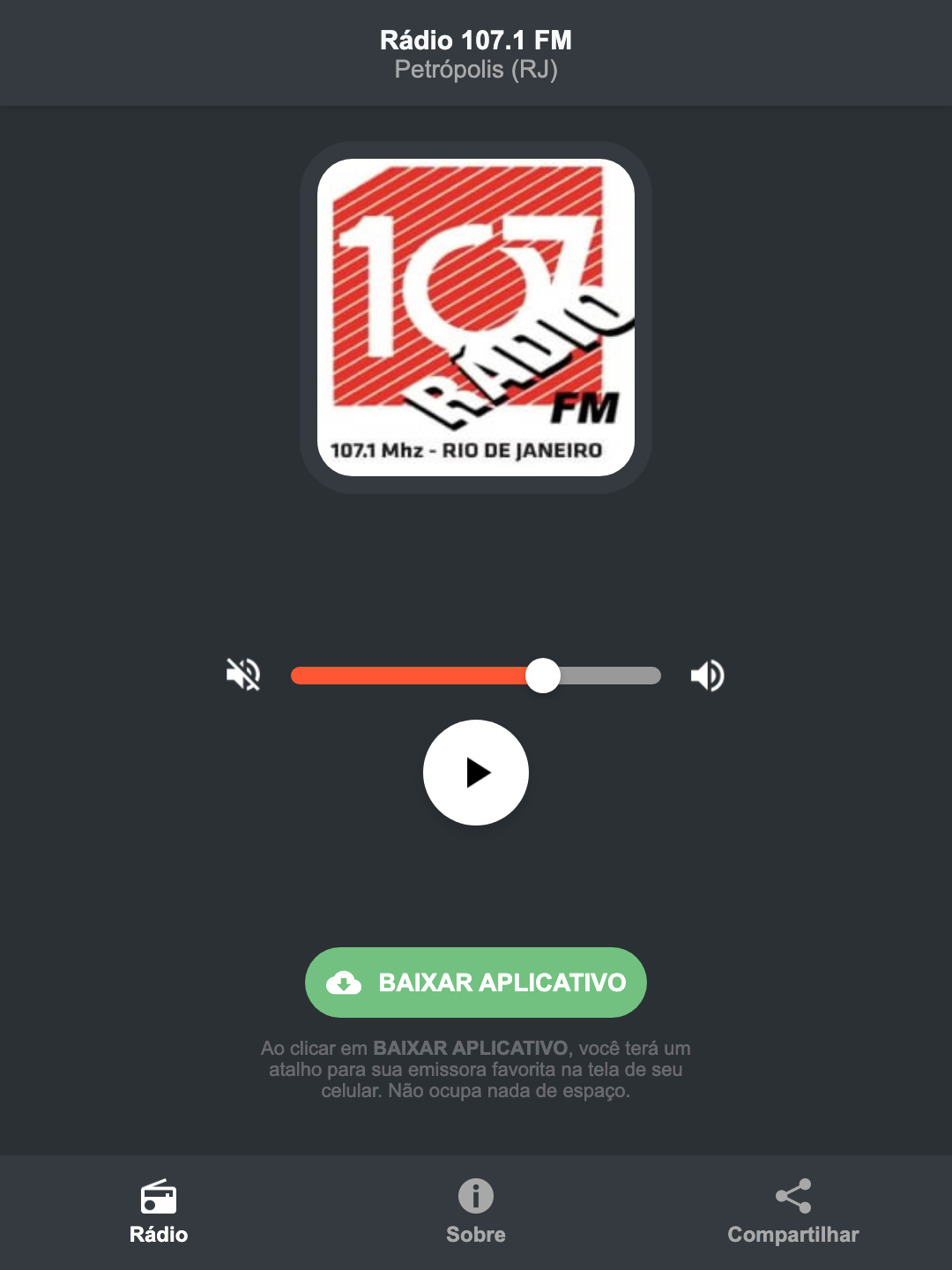Screenshot do aplicativo da Rádio 107.1 FM