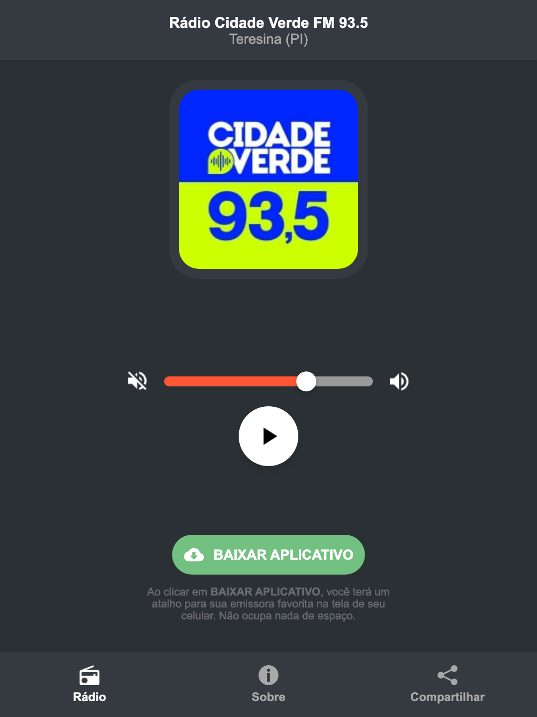 Screenshot do aplicativo da Rádio Cidade Verde FM 93.5