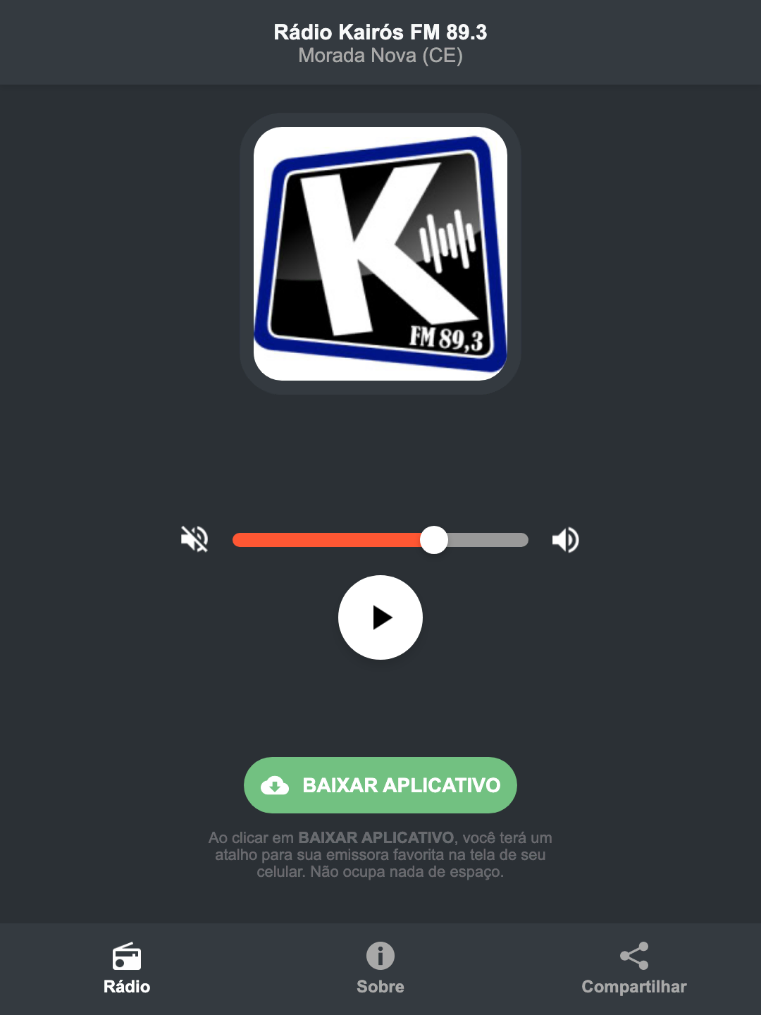 Screenshot do aplicativo da Rádio Kairós FM 89.3