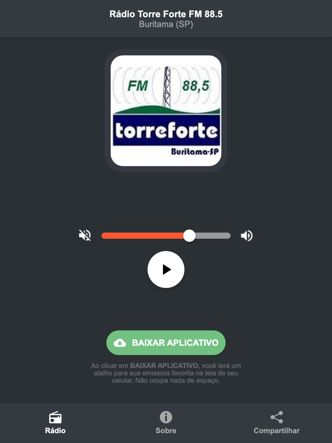 Screenshot do aplicativo da Rádio Torre Forte FM 88.5