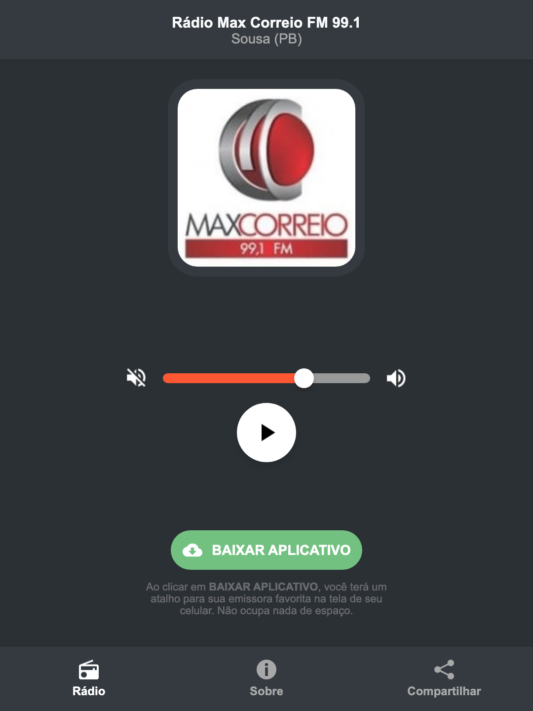 Screenshot do aplicativo da Rádio Max Correio FM 99.1