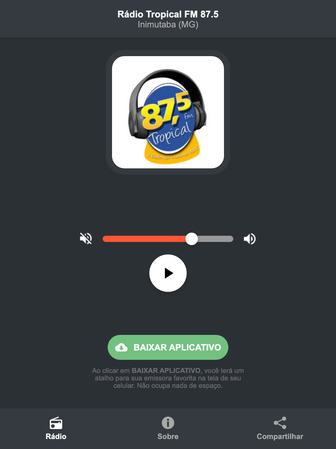 Screenshot do aplicativo da Rádio Tropical FM 87.5