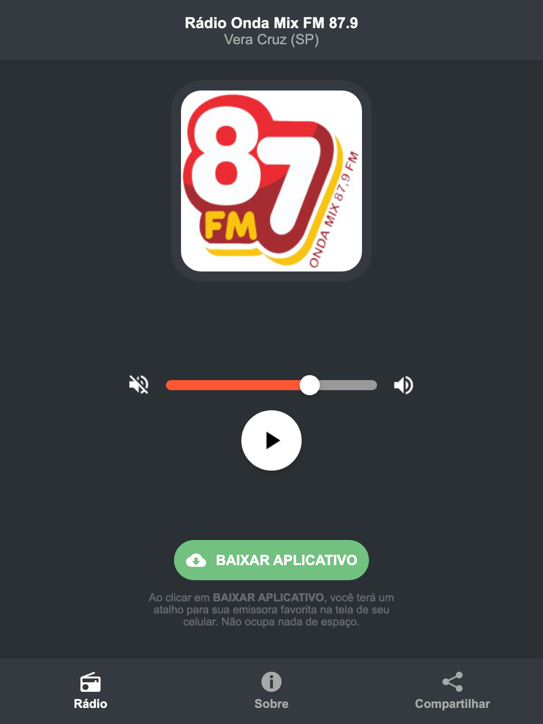 Screenshot do aplicativo da Rádio Onda Mix FM 87.9