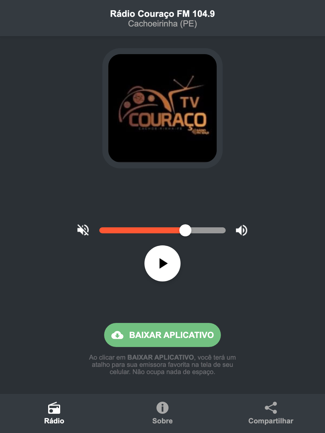 Screenshot do aplicativo da Rádio Couraço FM 104.9