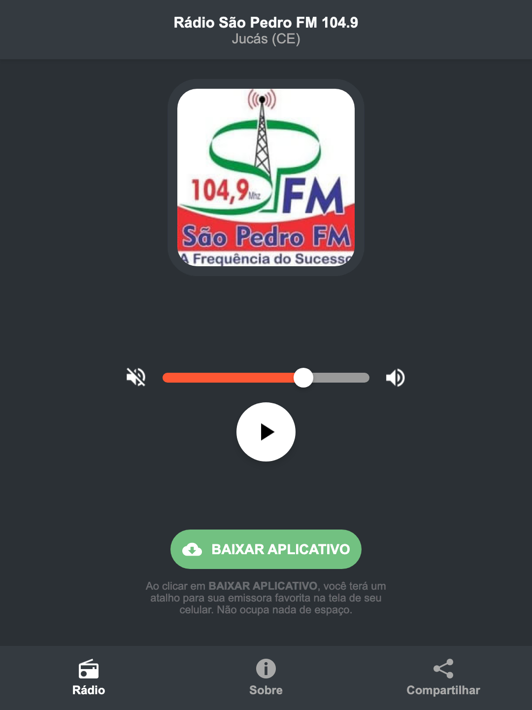 Screenshot do aplicativo da Rádio São Pedro FM 104.9