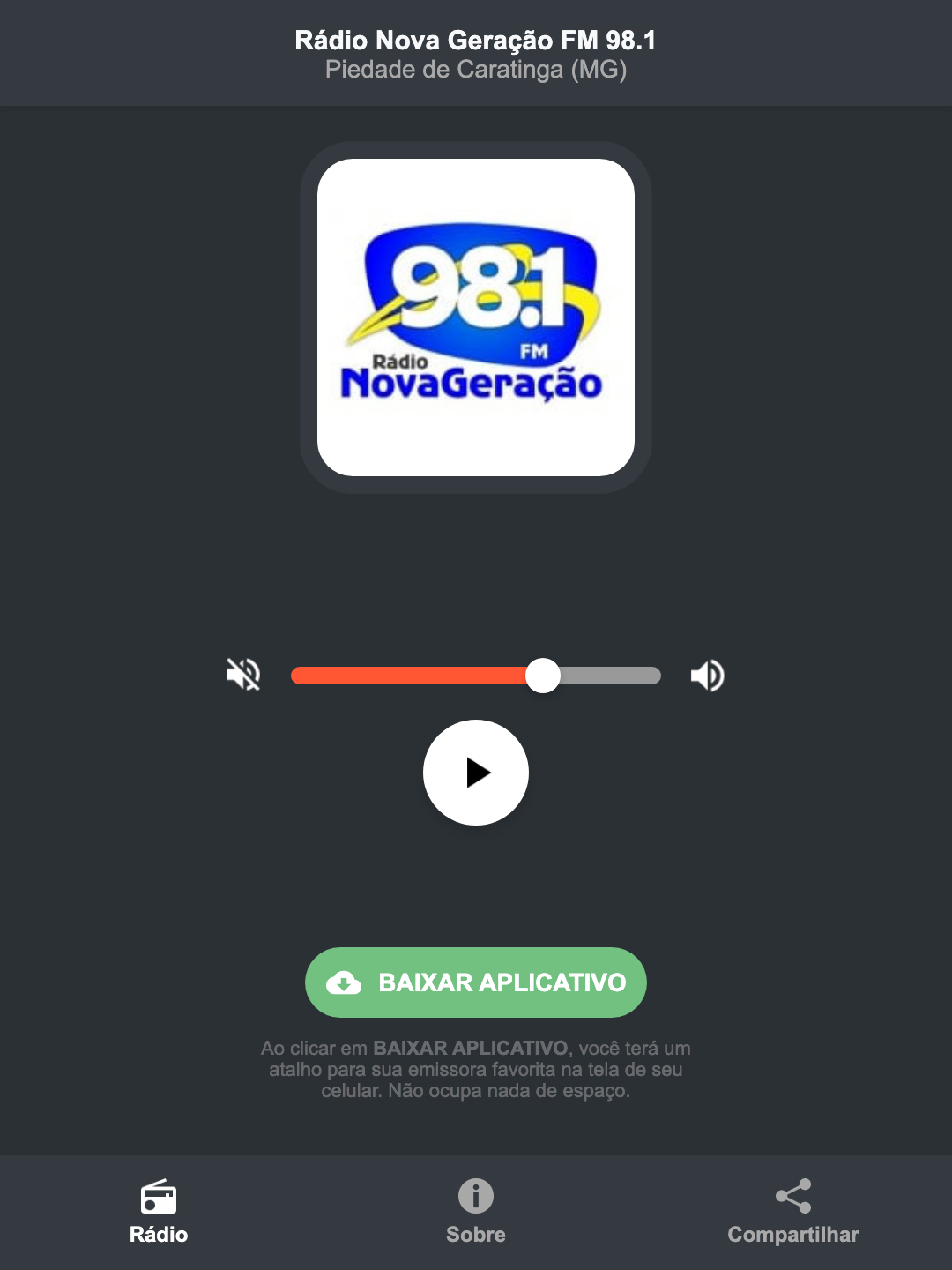 Screenshot do aplicativo da Rádio Nova Geração FM 98.1