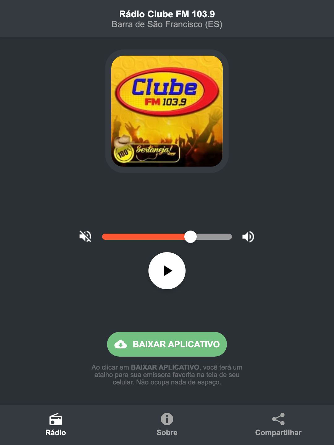 Screenshot do aplicativo da Rádio Clube FM 103.9