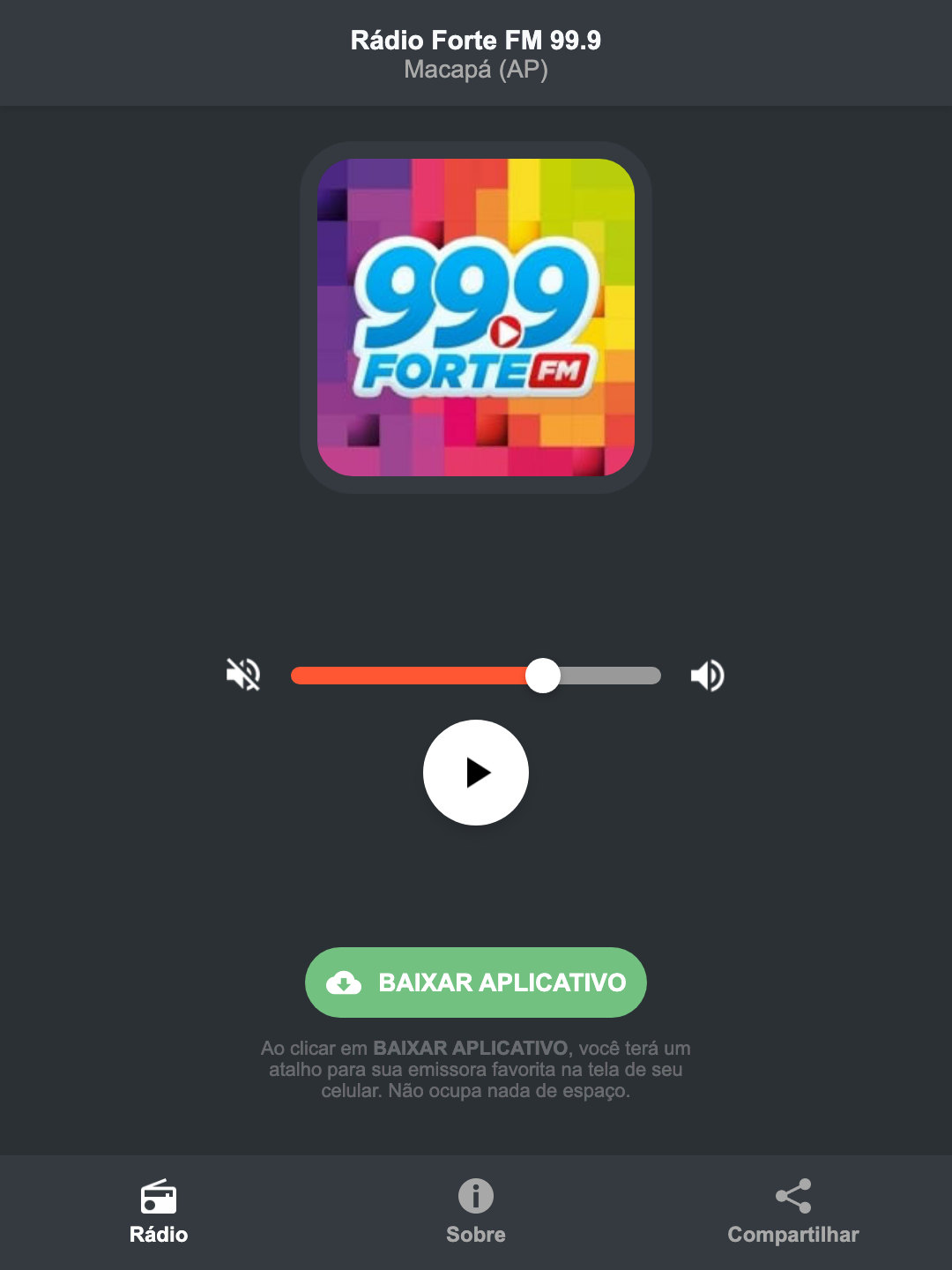 Screenshot do aplicativo da Rádio Forte FM 99.9