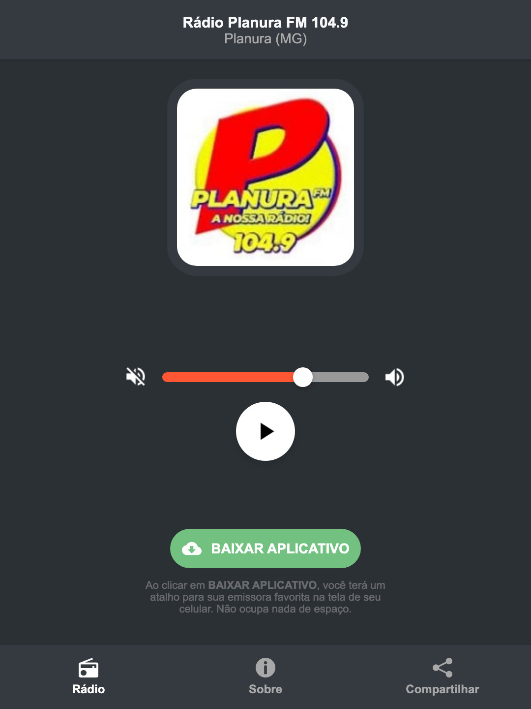Screenshot do aplicativo da Rádio Planura FM 104.9