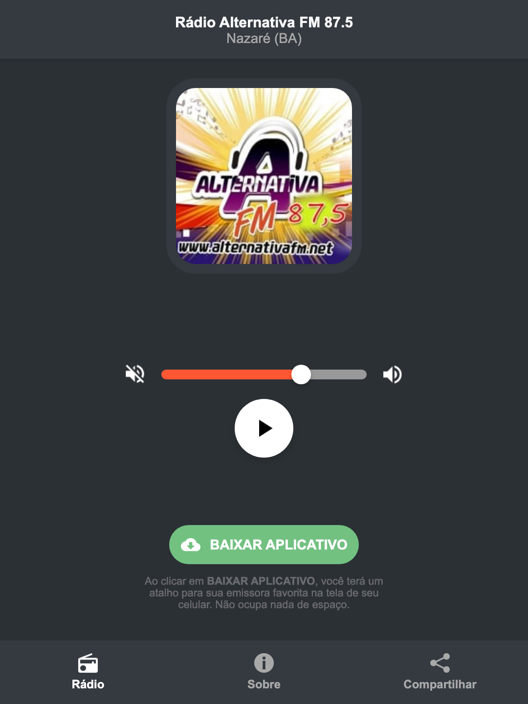 Screenshot do aplicativo da Rádio Alternativa FM 87.5