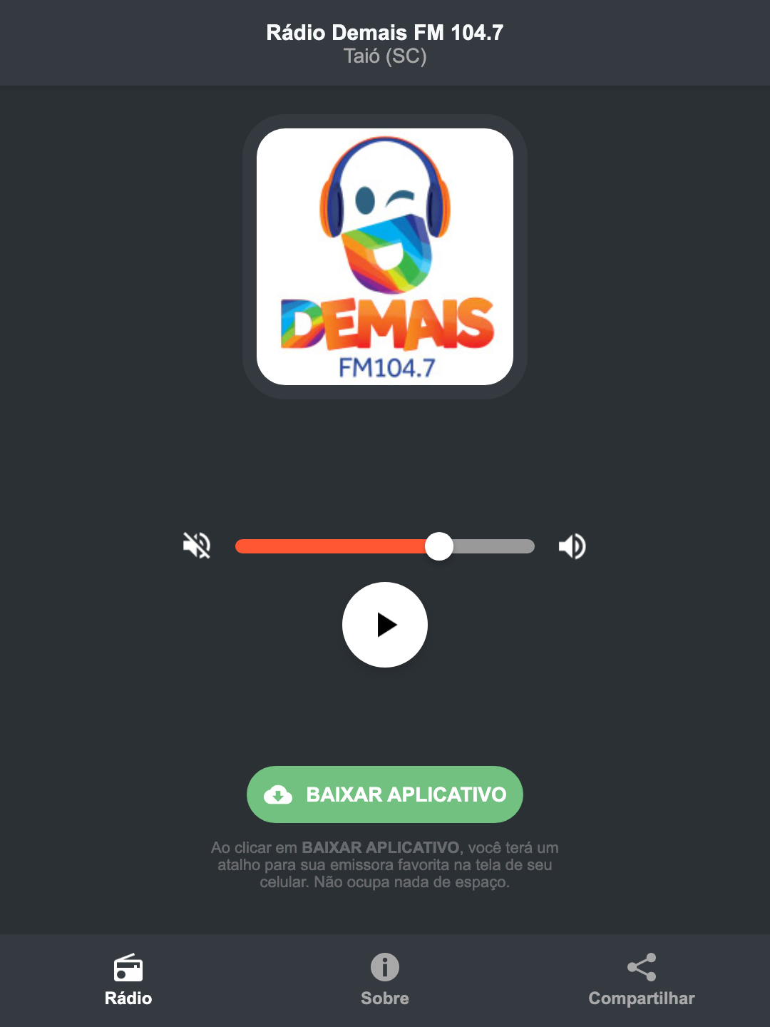 Screenshot do aplicativo da Rádio Demais FM 104.7