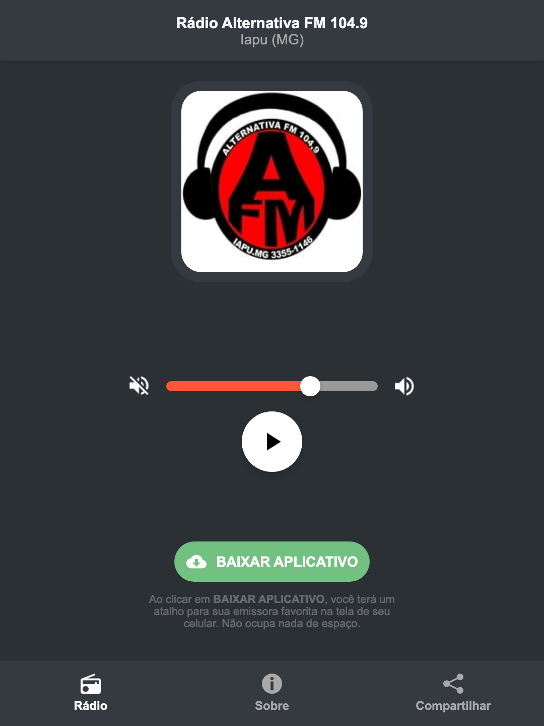 Screenshot do aplicativo da Rádio Alternativa FM 104.9