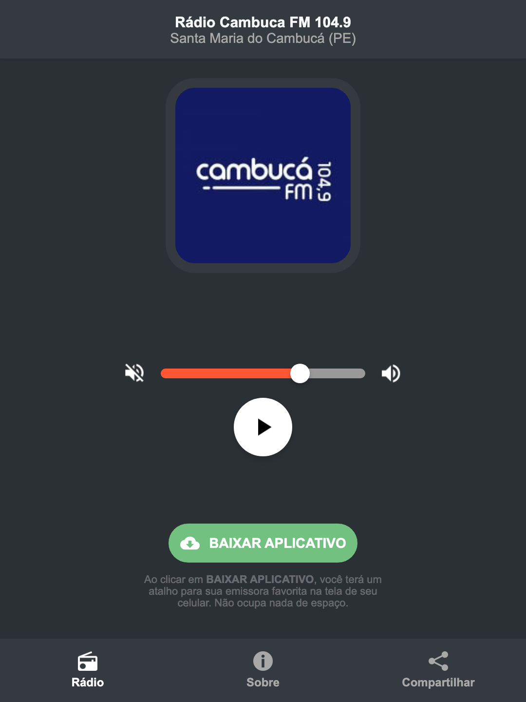 Screenshot do aplicativo da Rádio Cambuca FM 104.9