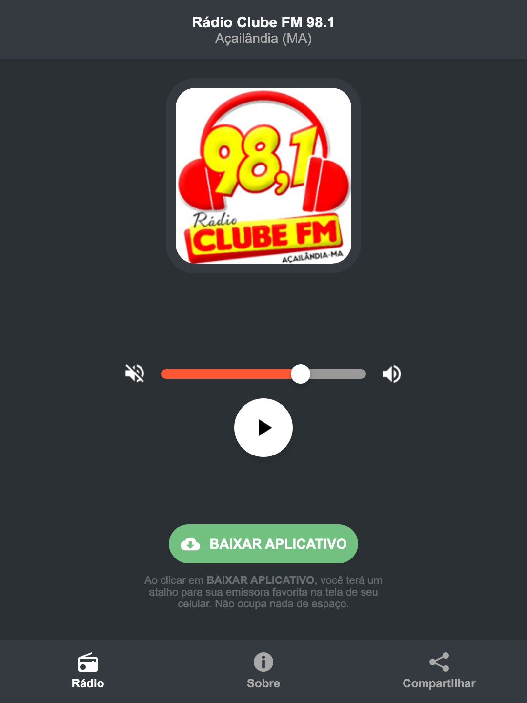 Screenshot do aplicativo da Rádio Clube FM 98.1