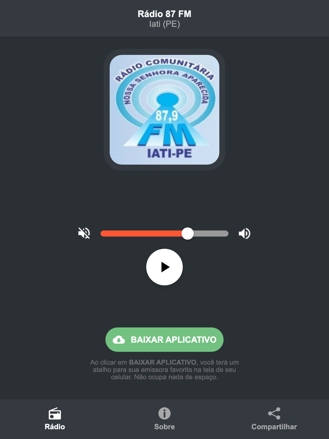 Screenshot do aplicativo da Rádio 87 FM