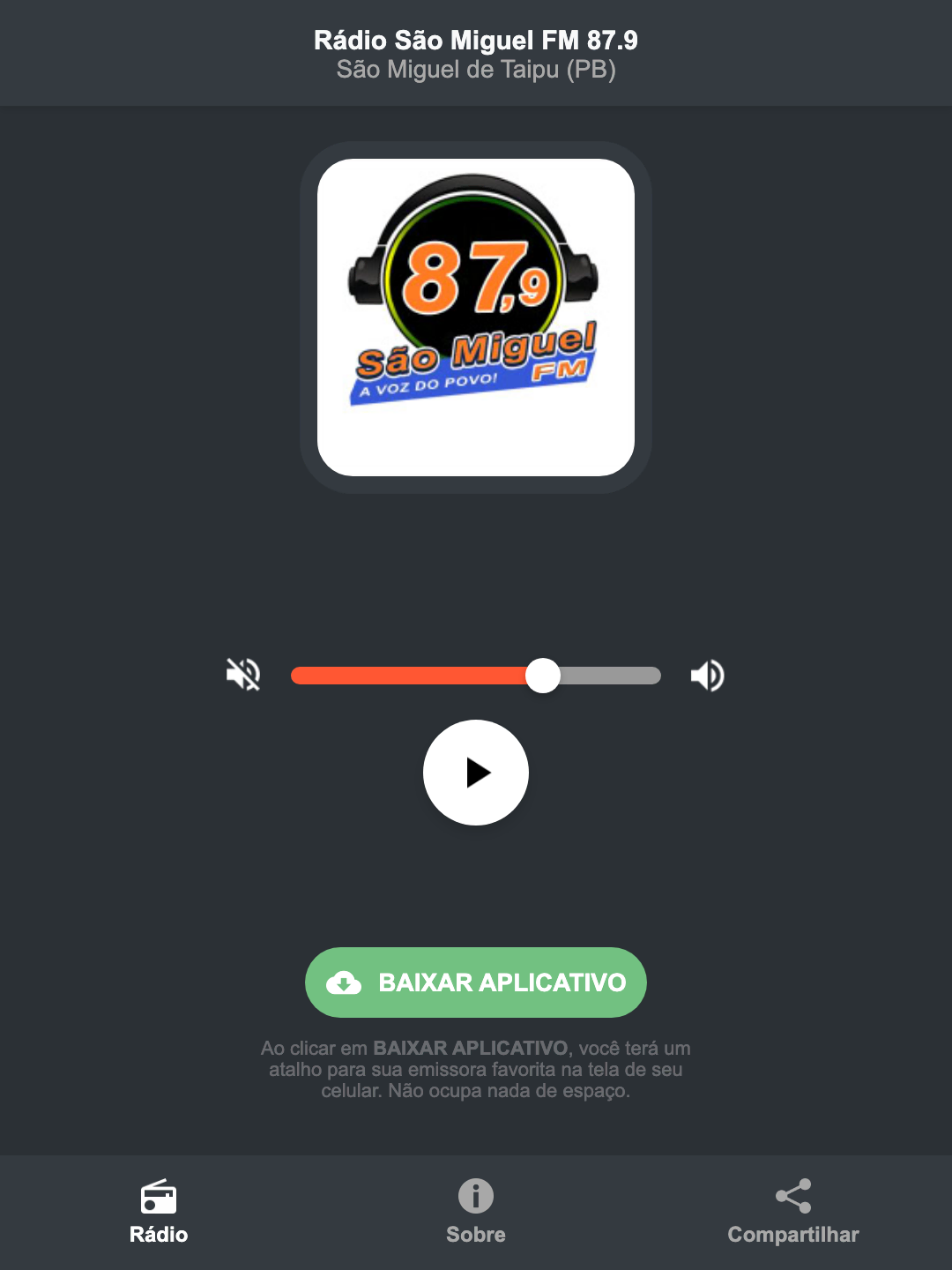 Screenshot do aplicativo da Rádio São Miguel FM 87.9