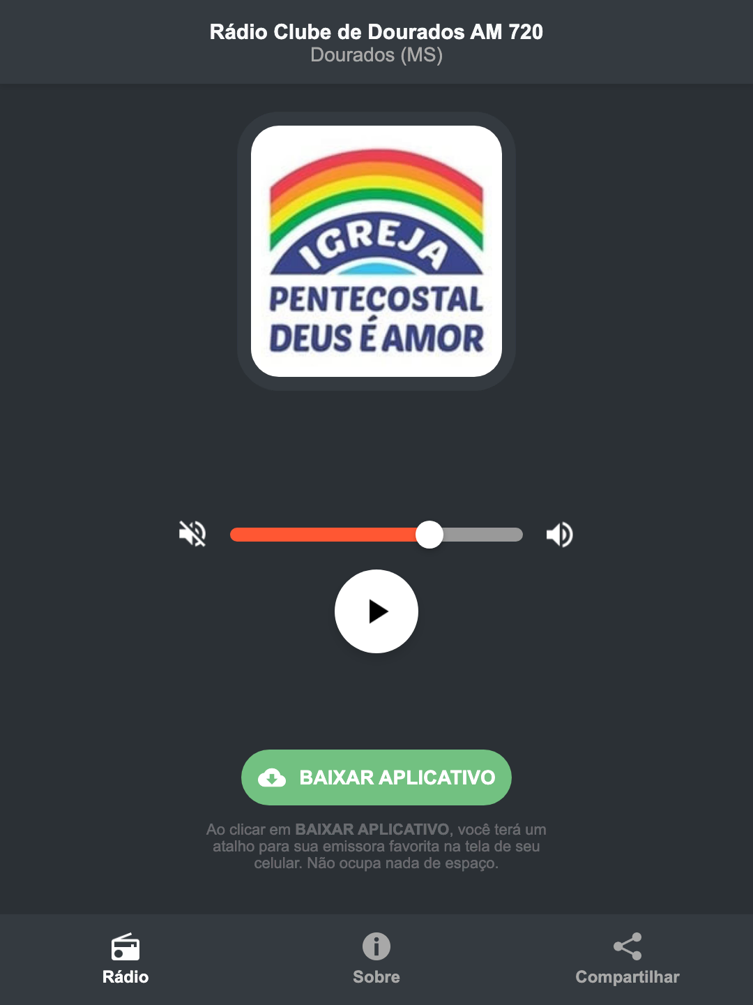 Screenshot do aplicativo da Rádio Clube de Dourados AM 720