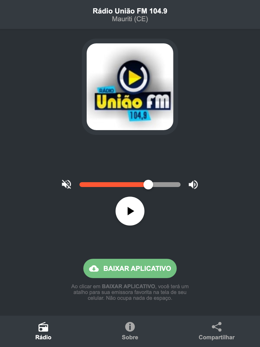 Screenshot do aplicativo da Rádio União FM 104.9