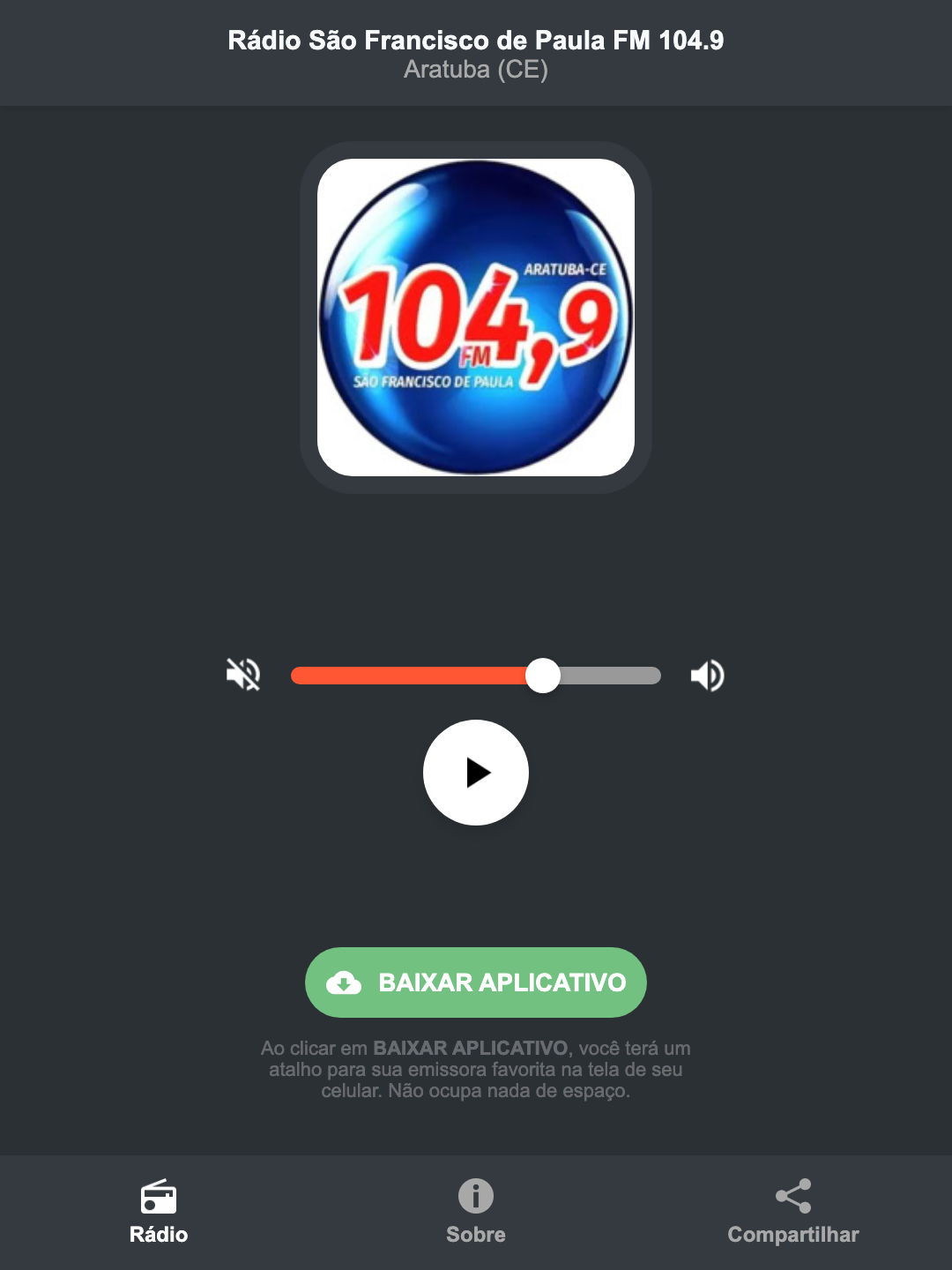 Screenshot do aplicativo da Rádio São Francisco de Paula FM 104.9