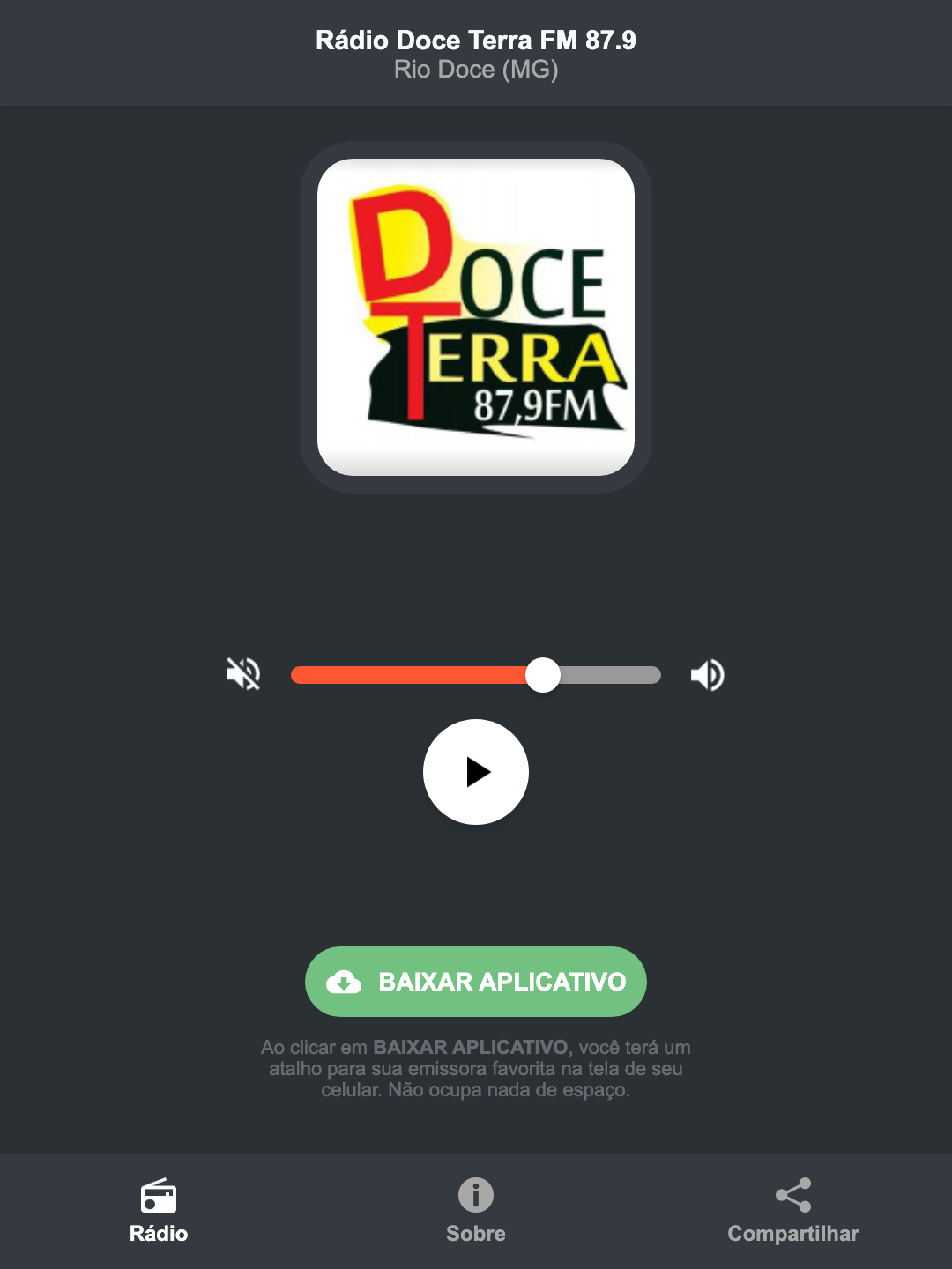 Screenshot do aplicativo da Rádio Doce Terra FM 87.9