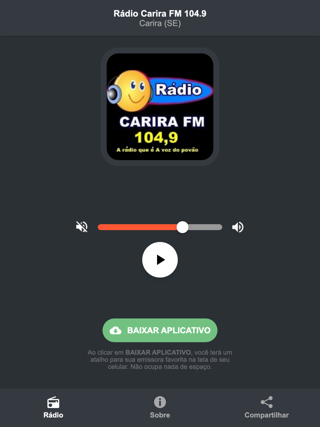 Screenshot do aplicativo da Rádio Carira FM 104.9
