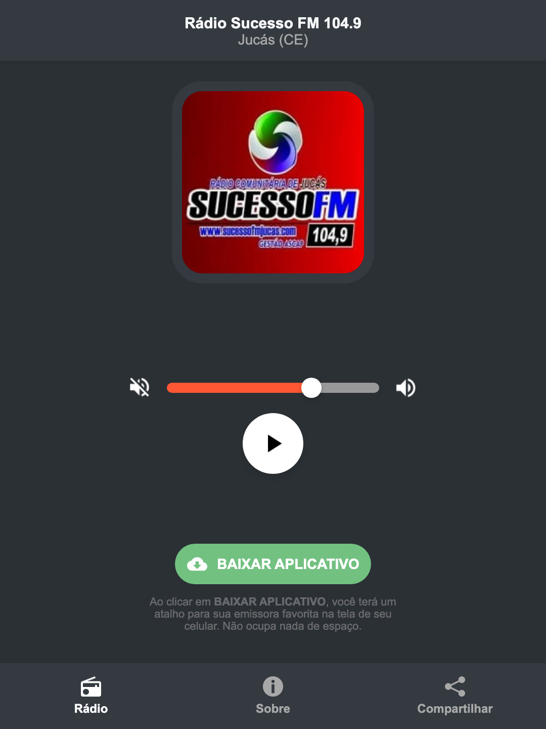 Screenshot do aplicativo da Rádio Sucesso FM 104.9